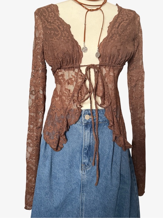 Outcast Tops - Outcast NEW Front Tie Y2K Brown Lace Top Medium